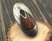 Vintage Statement Amber Ring, Large Sterling Silver, Unique Design, Size 8.5, 22.4 Grams