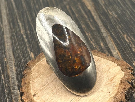 Vintage Statement Amber Ring, Large Sterling Silver, Unique Design, Size 8.5, 22.4 Grams