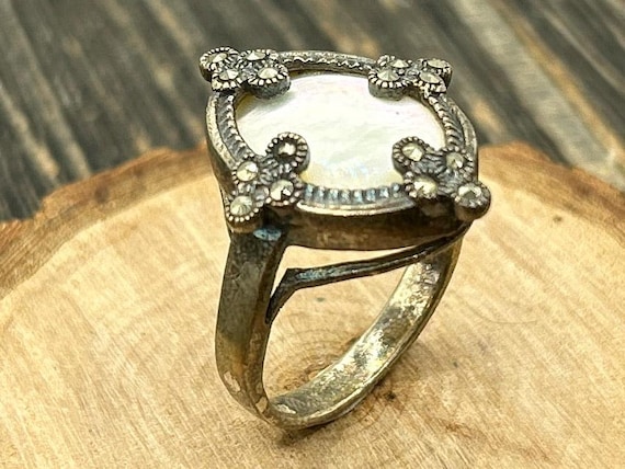 Victorian Revival Mother of Pearl Marcasite Ring, Sterling Silver, Size 7.5