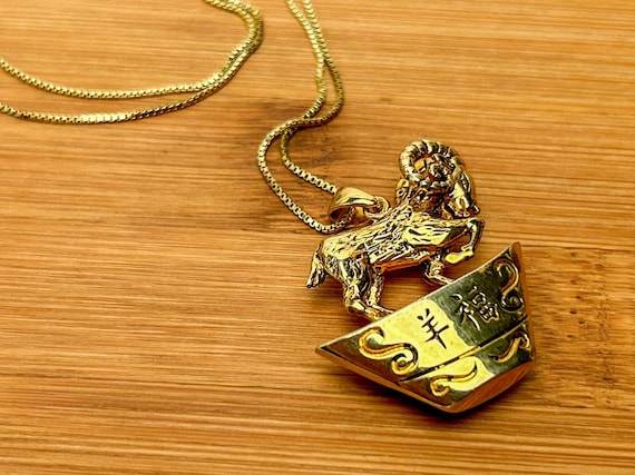 Chinese Year of the Ram Sterling Silver Pendant with Gold Overlay & Sterling Chain, 15.6g, Zodiac Charm, 17 3/4"