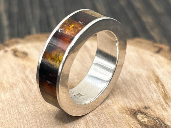 Vintage Amber Inlay Sterling Silver Band Ring, Size 7 1/4, Baltic Amber Jewelry, Handmade Silver Ring