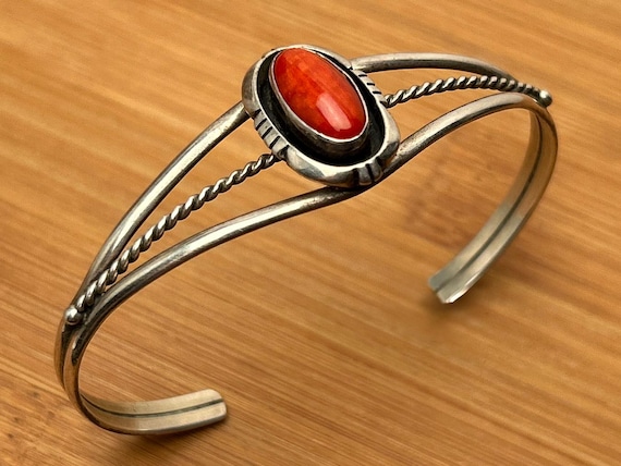 Vintage Native American Sterling Silver Red Coral Cuff Bracelet | Signed L.MNE | Authentic Southwestern Handcrafted Jewelry