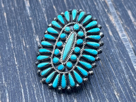 Vintage Zuni Petit Point Turquoise Brooch or Pendant, Sterling Silver by T. Wallace, Handcrafted Native American Jewelry, 13.66 Grams