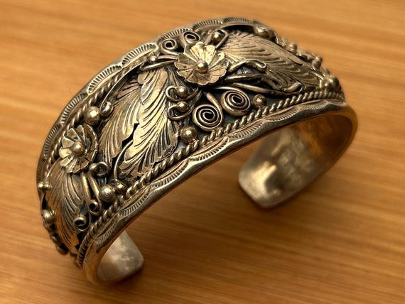 Vintage Navajo Sterling Silver Floral & Feather Cuff Bracelet by F James - Signed - 6 1/2