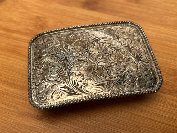 Vintage Hand-Engraved Mexico Sterling Silver Western Belt Buckle - 74.8g
