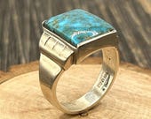 Vintage Southwest Sterling Turquoise Ring, R. Sherman Signet Style Men's Size 9 3/4