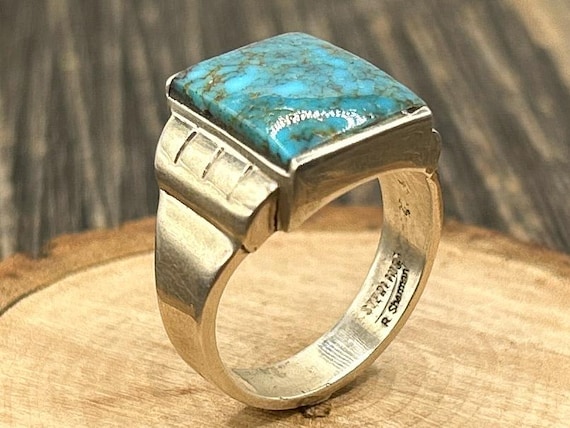 Vintage Southwest Sterling Turquoise Ring, R. Sherman Signet Style Men's Size 9 3/4