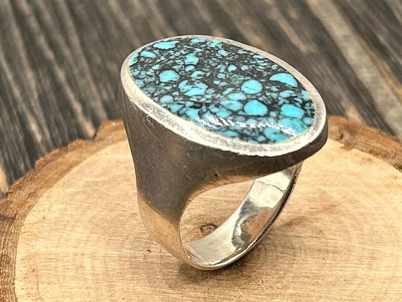 Vintage Sterling Silver Spiderweb Turquoise Ring, Heavy 13g Statement Signet, Native American Style Southwest Jewelry