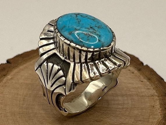 Vintage Turquoise Mens Ring Sterling Silver Size 12 Native American MB Hallmark Heavy Band