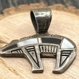Zuni Sterling Silver Bear Pendant with Mother of Pearl & Onyx Inlay, Signed by Artist