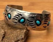 Navajo Sterling Silver Bear Paw Cuff Bracelet Pfarlene Spencer Turquoise Shadowbox