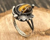 Vintage Navajo Sterling Silver Tiger's Eye Ring, Size 5.5, Signed EE, Southwestern Jewelry