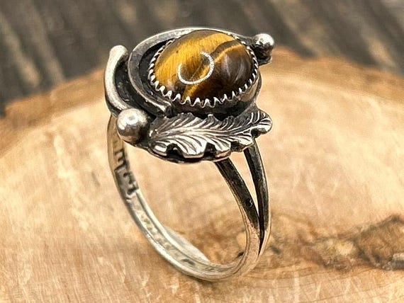 Vintage Navajo Sterling Silver Tiger's Eye Ring, Size 5.5, Signed EE, Southwestern Jewelry