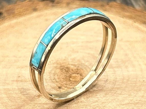 Vintage C.J. Kyle Signed Sterling Silver Turquoise Inlay Ring | Southwestern Native American Zuni Style | Size 9 1/4