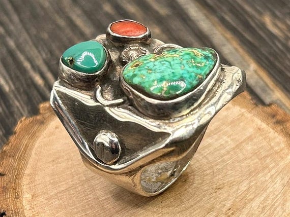 Native American Sterling Silver Turquoise and Coral Statement Ring, TM Hallmarked Vintage Jewelry