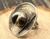 Vintage Sterling Silver Cowboy Hat Ring - Size 4.75 Western Jewelry - Hammered Band Statement Piece