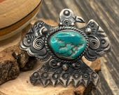 Navajo Thunderbird Sterling Turquoise Ring - Size 7.75 - Vintage Tribal Jewelry