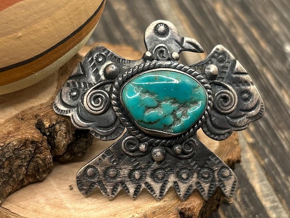 Navajo Thunderbird Sterling Turquoise Ring - Size 7.75 - Vintage Tribal Jewelry