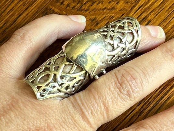 Adjustable Celtic Armor Ring, Silver Articulated Full Finger Ring