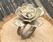 Vintage Sculptural Flower Statement Ring Sterling Silver Heavy Floral
