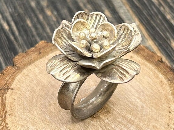 Vintage Sculptural Flower Statement Ring Sterling Silver Heavy Floral