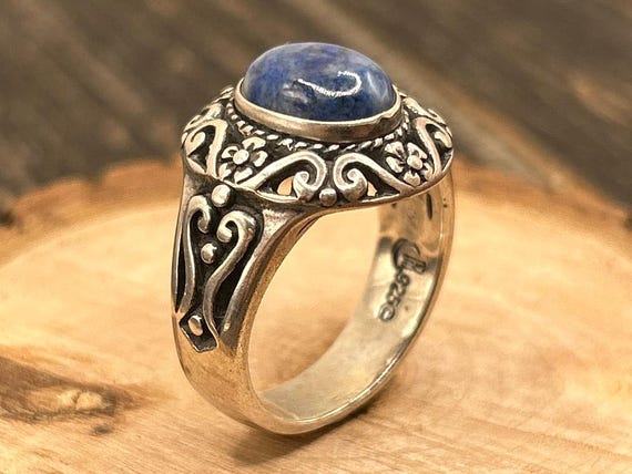 Carolyn Pollack Relios Sterling Silver Lapis Ring, Size 7 1/4, 8 Grams, Ornate Floral Design
