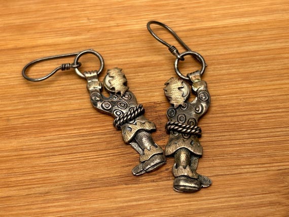 Signed Zealandia Jester Earrings, Figural Fool Dangle, Sterling Silver & Brass, Mixed Metal Mythological Wearable Art