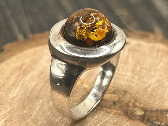 Vintage Sterling Silver Amber Ring, Unique Baltic Amber Statement Ring, Size 7 1/4, European Silver, Nature Inspired Jewelry