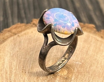 Vintage Mexican Sterling Silver Ring Size 5.25, Opalite Glass Cabochon, Modernist Organic Wavy Prong Setting, 925 Taxco Style Jewelry