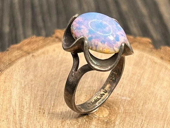Vintage Mexican Sterling Silver Ring Size 5.25, Opalite Glass Cabochon, Modernist Organic Wavy Prong Setting, 925 Taxco Style Jewelry