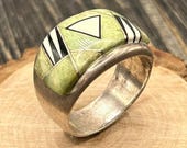 Southwestern Inlay Ring by Marty Yazzie, Sterling Silver Geometric Design, Size 13