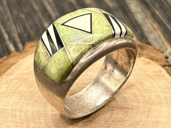 Southwestern Inlay Ring by Marty Yazzie, Sterling Silver Geometric Design, Size 13