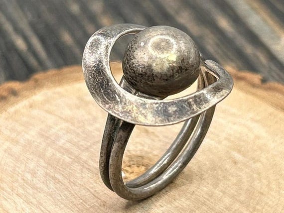 Vintage Taxco Mexico Sterling Silver Ring Orbit Sphere Geometric Modernist TC-0