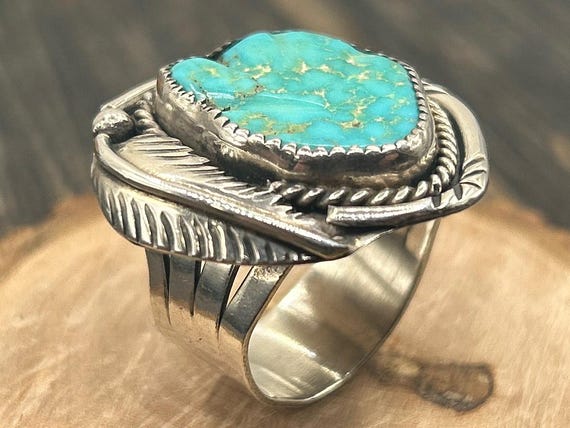 Vintage Navajo Turquoise Ring, Sterling Silver Feather Design, Size 10, Artisan Signed