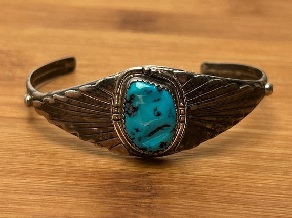 Vintage Native American Navajo Sterling Silver Turquoise Bracelet, 5.5" with 1.5" Opening, Sawtooth Bezel & Feather Motif
