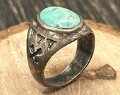 Vintage Native American Navajo Turquoise Sterling Silver Ring, Size 8 1/2, Bell Trading Post