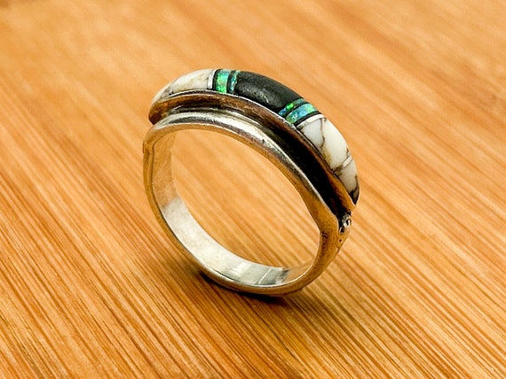 Navajo Sterling Silver Ring with Fiery Opal, Onyx, and Complementary Gemstones by Albert Francisco