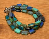 Triple Strand Picasso Bracelet, Czech Glass, Sterling Silver Clasp