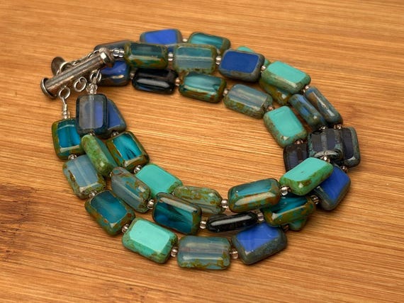 Triple Strand Picasso Bracelet, Czech Glass, Sterling Silver Clasp