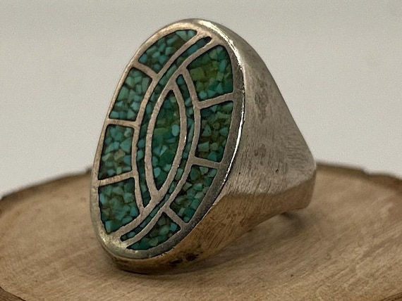 Turquoise Chip Inlay Ring Heavy Cast Sterling Silver Mens Southwestern Signet Band Size 9.75 21g