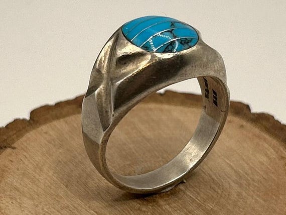 Vintage Taxco Sterling Silver Turquoise Inlay Ring Size 13, Heavy Mexican 925 Modernist Mens Band