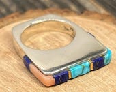 Rob Sherman Sterling Silver 14K Gold Inlay Ring Lapis Turquoise Coral Modernist Geometric Architectural Band
