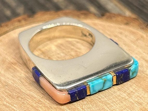 Rob Sherman Sterling Silver 14K Gold Inlay Ring Lapis Turquoise Coral Modernist Geometric Architectural Band