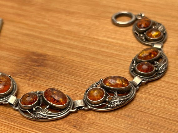 Art Nouveau Sterling Silver Amber Link Bracelet, 8" Toggle Clasp, Baltic Style Jewelry