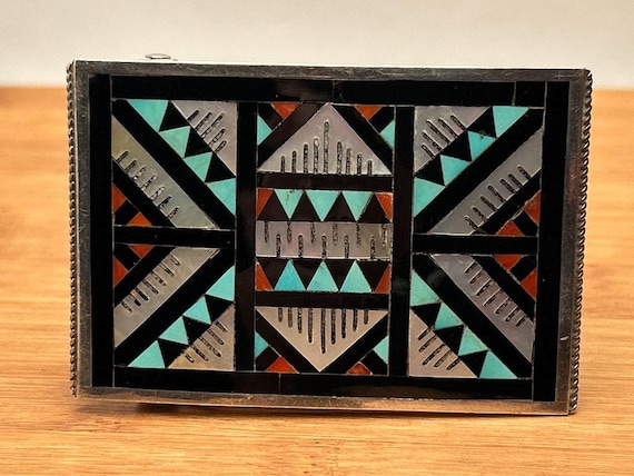 Zuni Inlay Belt Buckle, Leander Othole, Turquoise Mother of Pearl Sterling Silver, 3x2" 43.9g