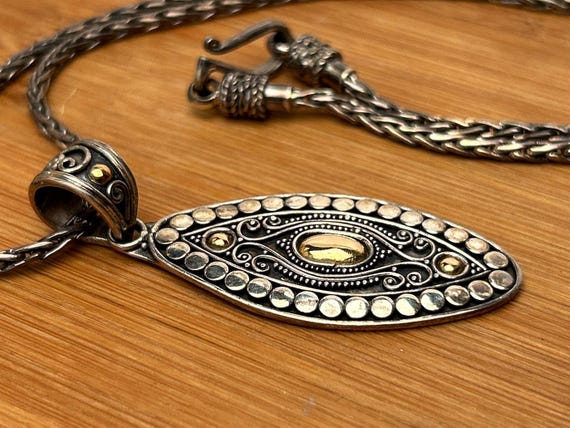 Vintage Indonesian Bali Silver & 18K Gold Pendant Necklace, Ethnic Tribal Jewelry, Statement Necklace, Artisan Crafted