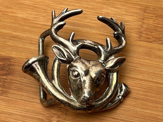 Vintage Rare Wathne Ltd Sterling Silver Stag Head & Hunting Horn Belt Buckle - Collectible Sporting Jewelry