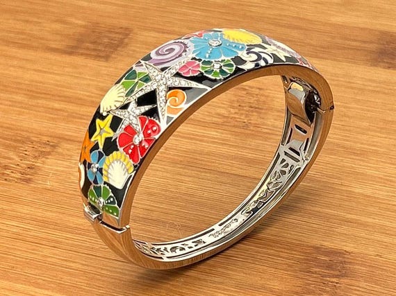 Belle Étoile 925 Sterling Silver Enamel Bangle Bracelet, Colorful Floral & Starfish Design, Hinged Cuff, Signed, Collectible Jewelry