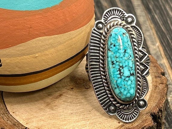 Albert Jake Navajo Sterling Silver Elongated Turquoise Ring Size 9.5 Southwest Statement Jewelry Traditional Stampwork