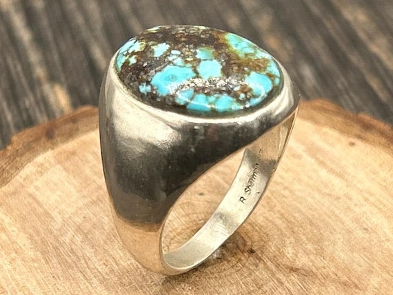 R Sherman Sterling Silver Turquoise Ring, Southwestern Men's Signet Ring